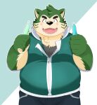  2021 absurd_res anthro blush canid canine canis domestic_dog fur green_body green_fur hi_res humanoid_hands jinastray kemono live-a-hero male mammal mokdai overweight overweight_male simple_background solo video_games 