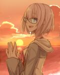  1girl cloud fate/grand_order fate_(series) glasses hair_between_eyes hollomaru hood hoodie looking_at_viewer mash_kyrielight open_mouth reflection short_hair sketch sleeves_past_wrists smile solo steepled_fingers sunset upper_body water 