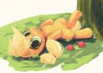  2013 apple applejack_(mlp) blonde_hair equid equine eyelashes feral food freckles friendship_is_magic fruit grass hair hasbro horse looking_at_viewer lying mammal my_little_pony plant pony rag._(artist) smile solo tree young 