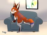  2021 absurd_res ambiguous_gender detailed_background dipodid fur furniture hi_res inside jerboa looking_at_viewer looking_back mammal multicolored_body multicolored_fur on_couch presenting rodent scuzzyfox signature sofa solo stripes tongue tongue_out 
