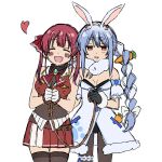  animal_ear_fluff animal_ears bangs bare_shoulders blue_hair bound bound_wrists braid bunny_ears buttons carrot_hair_ornament eyebrows_visible_through_hair food_themed_hair_ornament gloves gold_trim hair_ornament hair_ribbon highres hololive homura910210 houshou_marine jacket long_hair looking_at_viewer multicolored_hair open_mouth rabbit_girl red_eyes red_hair red_jacket ribbon rope sleeveless sleeveless_jacket smile thighhighs twin_braids twintails two-tone_hair usada_pekora virtual_youtuber white_hair 