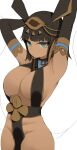  1girl absurdres animal_ears aqua_eyes armpits arms_up bangs black_gloves black_hair blunt_bangs breasts cleavage commission cowboy_shot dark_skin egyptian_clothes egyptian_mythology elbow_gloves eyebrows_visible_through_hair gloves hair_ornament highres large_breasts no_panties original pelvic_curtain revealing_clothes second-party_source set_(mythology) solo tonki work_in_progress 