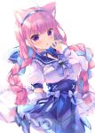  1girl :o animal_ear_fluff animal_ears bangs blue_bow blue_hair blue_hairband blue_ribbon blue_sailor_collar blue_skirt blurry blurry_background bow braid breasts cat_ears commentary_request depth_of_field eyebrows_visible_through_hair frilled_sailor_collar frills hairband hand_up highres hololive jacket long_hair long_sleeves looking_at_viewer medium_breasts minato_aqua multicolored_hair nanamomo_rio open_clothes open_jacket pantyhose parted_lips pink_hair pleated_skirt puffy_short_sleeves puffy_sleeves purple_eyes ribbon sailor_collar shirt short_sleeves simple_background skirt sleeves_past_wrists solo twin_braids twintails two-tone_hair very_long_hair virtual_youtuber white_background white_jacket white_legwear white_shirt 