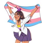  1girl 1other among_us arms_up asymmetrical_bangs bangs black_hair blue_skirt blush breasts brown_eyes cleavage crewmate_(among_us) dark_skin dark_skinned_female ear_clip fang flag hair_ornament hairclip highres holding holding_flag ijiranaide_nagatoro-san looking_at_viewer medium_hair nagatoro_hayase non-binary_flag outstretched_arms pleated_skirt purple_(among_us) school_uniform shirt signature sitting sitting_on_head sitting_on_person skirt solo straight_hair transgender_flag untucked_shirt vanillacreamart white_background white_shirt 