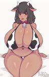 2021 animal_humanoid animal_print beauty_mark bell bell_collar big_breasts bovid bovid_humanoid bovine bovine_humanoid breasts brown_eyes cattle_humanoid cleavage clothed clothing collar cow_print cuccokingu curvy_figure facial_piercing female hair half-closed_eyes horn huge_breasts humanoid lip_piercing mammal mammal_humanoid narrowed_eyes navel navel_piercing piercing solo tan_body tan_skin tongue tongue_out voluptuous 