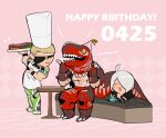  1girl 2boys ahoge angel_(kof) blonde_hair blush_stickers chef_hat chibi closed_eyes dinosaur_boy dinosaur_costume eyebrows_visible_through_hair eyepatch food fork hat holding holding_fork holding_plate king_of_dinosaurs knife multiple_boys muscular muscular_male party_hat plate ramon_(kof) smile snk steak the_king_of_fighters the_king_of_fighters_xiv white_hair yaka_(kk1177) 