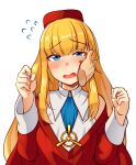  1girl ajidot bangs biretta blonde_hair blue_eyes blunt_bangs blush cardinal_armand disembodied_limb flying_sweatdrops hat highres last_origin long_hair open_mouth simple_background solo_focus white_background 