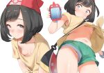  1girl armpits bag bangs beanie black_eyes black_hair blush breasts collarbone commentary_request djheycha eyebrows_visible_through_hair gen_1_pokemon green_shorts hat holding leaning_forward looking_at_viewer medium_hair navel nipples no_bra panties pokemon pokemon_(game) pokemon_masters_ex pokemon_sm porygon poryphone red_headwear selene_(pokemon) shirt short_shorts short_sleeves shorts shoulder_bag simple_background small_breasts smile thighs tied_shirt underwear upshirt upshorts white_background white_panties yellow_shirt z-ring 