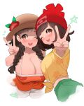  2girls ;d absurdres alternate_breast_size bangs bare_shoulders beanie blush braid breasts brown_eyes brown_hair brown_headwear cleavage commentary disconnected_mouth dual_persona english_commentary eyebrows_visible_through_hair floral_print flower green_shorts hat hat_flower hibiscus highres huge_breasts long_hair looking_at_viewer midriff multiple_girls navel official_alternate_costume one_eye_closed open_mouth pokemon pokemon_(game) pokemon_sm pokemon_usum red_flower red_headwear selene_(pokemon) shirt short_hair shorts skirt smile star_(symbol) sumisumii sun_hat tied_shirt tongue twin_braids upper_teeth v yellow_shirt 