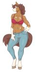  2021 absurd_res anthro bottomwear bra breasts brown_body brown_eyes brown_fur brown_hair clothed clothing denim denim_clothing equid equine eyelashes female fur hair hand_on_hip hi_res hooves horse jeans looking_aside mammal multicolored_body multicolored_fur nipple_outline open_mouth open_smile pants pinup ponytail pose rose_(slightlysimian) simple_background slightlysimian smile solo teeth two_tone_body two_tone_fur underwear white_background white_body white_fur wide_hips 