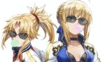  2girls ahoge artoria_pendragon_(all) bangs blonde_hair blue_ribbon braid breasts bubble_blowing chewing_gum choker fate/apocrypha fate/stay_night fate_(series) french_braid green_eyes hair_bun hair_ornament hair_ribbon hair_scrunchie highres jacket long_hair looking_at_viewer mordred_(fate) mordred_(fate)_(all) multiple_girls parted_bangs ponytail ribbon saber scrunchie sidelocks small_breasts sunglasses tonee 