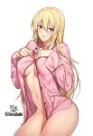  1girl absurdres angelina_kudou_shields artist_name blonde_hair blue_eyes blush bottomless breasts commission contrapposto covered_nipples cowboy_shot hair_between_eyes highres k52 large_breasts long_hair long_sleeves mahouka_koukou_no_rettousei navel no_bra pajamas parted_lips partially_unbuttoned second-party_source sidelocks simple_background smile solo sweat twitter_username undressing white_background 