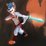  anthro arctic_wolf blue_hair bottomwear canid canine canis clothing diamond_sword excited falcon_woodwere fur hair leg_socks male mammal multicolored_body multicolored_fur red_bottomwear red_clothing red_shorts running shirtless shirtless_male shorts simple_background solo unknown_artist wolf 