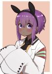  1girl agnes_tachyon_(umamusume) agnes_tachyon_(umamusume)_(cosplay) animal_ears bangs black_hairband black_neckwear black_shirt blush brown_background closed_mouth collared_shirt cosplay dark_skin dark_skinned_female eyebrows_visible_through_hair fake_animal_ears fate/prototype fate/prototype:_fragments_of_blue_and_silver fate_(series) hair_between_eyes hairband hands_up hassan_of_serenity_(fate) highres horse_ears i.u.y labcoat long_sleeves looking_at_viewer necktie open_clothes purple_eyes purple_hair shirt sleeves_past_fingers sleeves_past_wrists solo sweater_vest two-tone_background umamusume upper_body white_background 