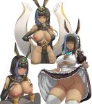  1girl absurdres animal_ears aqua_eyes bandaid bandaid_on_pussy black_gloves black_hair blue_hair blush breasts commission contrapposto dark_skin earrings egyptian_clothes egyptian_mythology elbow_gloves etidekailo eyebrows_visible_through_hair from_below glaring gloves highres jewelry lactating_into_cup lactation large_breasts looking_at_viewer maid maid_headdress multicolored_hair multiple_views nipples one_breast_out original partially_fingerless_gloves pelvic_curtain revealing_clothes set_(mythology) shaded_face shiny shiny_skin streaked_hair sweat thighhighs underboob white_legwear 