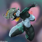  2021 absurd_res action_pose big_breasts breasts colored female genitals hi_res humanoid midna navel nintendo nipples pose pussy red_eyes ruddyrzaq smile solo the_legend_of_zelda thick_thighs twili twilight_princess video_games yellow_sclera 