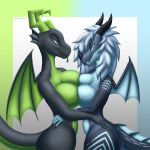  absurd_res anthro big_breasts black_body blue_body blue_eyes blue_heart breast_squish breasts colored_nails curvy_figure dragon duo eye_contact female female/female gradient_background green_body green_eyes green_nails green_scales green_tongue hair hand_on_hip hi_res kaya_(knockedoutdragon) knockedoutdragon looking_at_another membrane_(anatomy) membranous_wings nails nira_(unrealcereal) scales scalie simple_background squish thick_thighs tongue unrealcereal western_dragon white_hair wings 