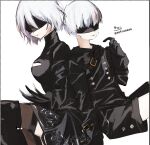  1boy 1girl bangs black_dress black_gloves black_jacket black_legwear black_shorts blindfold boots breasts brown_legwear cleavage cleavage_cutout closed_mouth clothing_cutout dress facing_viewer gloves hand_up jacket juliet_sleeves long_sleeves medium_breasts nier_(series) nier_automata puffy_sleeves short_hair short_shorts shorts signature smile sofra thigh_boots thighhighs twitter_username white_background white_hair yorha_no._2_type_b yorha_no._9_type_s 