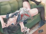  1girl arms_up bangs black_hair black_legwear blue_eyes blue_sailor_collar blurry blurry_background blurry_foreground cellphone commentary couch crotch_seam depth_of_field erumu_(kongou114) grey_shirt holding holding_remote_control indoors leg_up looking_at_viewer looking_back lying medium_hair neckerchief no_pants on_back on_couch one_eye_closed open_mouth original panties phone red_neckwear sailor_collar school_uniform shirt short_sleeves skirt skirt_around_one_leg smartphone smile solo sweat thighhighs underwear undone_neckerchief white_panties 