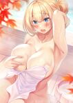  1girl arm_behind_head armpits autumn_leaves bangs blonde_hair blue_eyes blush breasts collarbone commentary_request covering covering_nipples eyebrows_visible_through_hair fingernails highres himamo large_breasts nude onsen open_mouth original sitting solo towel wet 