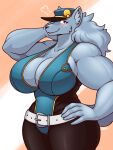  &lt;3 anthro big_breasts blazbaros blush breasts canid canine canis cleavage clothed clothing female hand_on_hip hi_res mammal muscular muscular_female solo wolf 