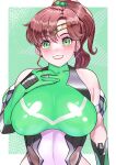  1girl absurdres arion_canvas bare_shoulders bishoujo_senshi_sailor_moon blush bodysuit breasts brown_hair gloves green_eyes highres large_breasts looking_at_viewer magical_girl ponytail sailor_jupiter skin_tight smile solo taimanin_(series) 