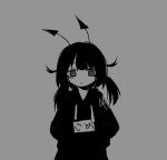  1girl @_@ closed_mouth expressionless grey_background greyscale hood hood_down hoodie jean_bomjan looking_at_viewer medium_hair monochrome original short_twintails simple_background solo straight-on twintails upper_body 