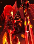  1girl absurdres black_bodysuit bodysuit cape chain collared_cape family_crest fate/grand_order fate_(series) hair_over_one_eye highres holding holding_sword holding_weapon katana looking_at_viewer medallion oda_nobunaga_(fate) oda_nobunaga_(maou_avenger)_(fate) oda_uri popped_collar red_cape red_eyes red_hair scdz2344 solo sword tight_top weapon 