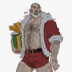  1boy absurdres alternate_costume bara bare_pectorals beard belly bulge chest_hair christmas facial_hair feet_out_of_frame full_beard gift gradient_hair grey_hair hairy hand_hair hat highres knuckle_hair long_beard male_focus mature_male multicolored_hair muscular muscular_male navel nipple_hair nipples oc_(rodrigodraws) old old_man original pectorals plump receding_hairline rodrigodraws santa_costume santa_hat scar_on_head short_hair short_shorts shorts solo standing stomach thick_arm_hair thick_beard thick_chest_hair thick_eyebrows thick_mustache thick_navel_hair thighs two-tone_beard very_hairy wrinkled_skin 