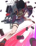  1girl absurdres adapted_turret ariake_(kancolle) black_hair black_headwear cannon dated depth_charge fingerless_gloves gegeron gloves grey_skirt hair_over_one_eye hat highres jacket kantai_collection long_hair long_sleeves low_ponytail machinery necktie pleated_skirt purple_eyes purple_hair red_necktie rigging shirt signature skirt smokestack solo torpedo torpedo_launcher torpedo_tubes turret 