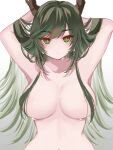  1girl arms_behind_head arms_up artist_request black_hair breasts cleavage colored_inner_hair covered_nipples detached_sleeves dragon_girl dragon_horns draph gradient_hair granblue_fantasy green_eyes green_hair highres horns large_breasts long_hair looking_at_viewer multicolored_eyes multicolored_hair navel nude payila_(granblue_fantasy) pointy_ears red_eyes solo two-tone_eyes two-tone_hair very_long_hair wet wet_hair white_background 