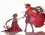  1boy 1girl brother_and_sister cape family_crest fate/grand_order fate_(series) fiery_hair full_body hat holding holding_sword holding_weapon katana kneeling long_hair looking_at_another military_hat oda_nobukatsu_(fate) oda_nobunaga_(fate) oda_uri ohayo_san otoko_no_ko parted_lips peaked_cap red_cape red_eyes shadow siblings standing sword very_long_hair weapon white_background 