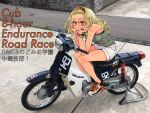  1girl blonde_hair blue_eyes bracelet camisole commentary_request dekomegane glasses hairband highres honda honda_super_cub jewelry long_hair looking_at_viewer mixed_media moped motor_vehicle motorcycle on_motorcycle original photo_(medium) red-framed_eyewear sasetsu shoes short_shorts shorts sitting smile sneakers solo thick_eyebrows white_shorts 