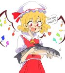  1girl animal back_bow blonde_hair blush_stickers bow collared_shirt cowboy_shot english_text fang fish flandre_scarlet frilled_shirt_collar frills happy hat hat_ribbon heart highres holding holding_animal holding_fish looking_at_animal mob_cap multicolored_wings open_mouth parappaya puffy_short_sleeves puffy_sleeves red_eyes red_ribbon red_skirt red_vest ribbon shirt short_sleeves simple_background skirt solo touhou vest white_background white_bow white_headwear white_shirt wings 