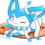  ambiguous_gender blue_body blue_eyes blue_fur blue_sclera clothing eeveelution feral fur hi_res mammal markings markings_(fur) multicolored_body nintendo open_mouth pillow pok&eacute;mon pok&eacute;mon_(species) ribbons scarf simple_background smile snoiifoxxo solo sylveon video_games white_background white_body 