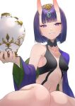  1girl absurdres blush bob_cut breasts commentary_request eyeliner fate/grand_order fate_(series) gourd headpiece highres horns japanese_clothes kimono looking_at_viewer makeup navel oni oni_horns open_clothes open_kimono parted_lips purple_eyes purple_hair purple_kimono revealing_clothes short_hair shuten_douji_(fate) simple_background skin-covered_horns small_breasts smile solo terasako white_background 