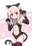  1girl animal_ear_fluff animal_ears animal_hands bare_shoulders bell black_gloves black_thighhighs blonde_hair blush breasts cat_ears cat_girl cat_paws cat_tail center_opening commentary_request cowboy_shot dot_nose elbow_gloves fake_animal_ears fake_tail fate/kaleid_liner_prisma_illya fate_(series) fur_collar gloves hair_bell hair_ornament highres illyasviel_von_einzbern illyasviel_von_einzbern_(beast_style) jingle_bell long_hair looking_at_viewer morokoshi_(tekku) navel paw_gloves red_eyes ribbon small_breasts solo star_(symbol) stomach tail tail_ornament tail_ribbon thighhighs 
