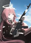  1girl arknights birchboat black_jacket blue_sky cowboy_shot day gun halo highres holding holding_gun holding_weapon jacket lemuen_(arknights) long_hair long_sleeves looking_at_viewer outdoors pink_eyes pink_hair sitting sky solo very_long_hair weapon 