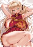  1girl armpits bed_sheet black_bow blonde_hair blush bow braid breasts china_dress chinese_clothes cle_masahiro commentary_request dragon_print dress green_eyes hair_bow highres large_breasts long_hair looking_at_viewer lying mole mole_under_mouth nipples on_back one_breast_out open_mouth original print_dress red_dress sleeveless sleeveless_dress solo thighs twitter_username 