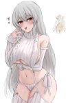  1girl alternate_costume arknights arm_under_breasts bare_shoulders blush breasts collarbone commentary cowboy_shot cropped_sweater detached_sleeves eyelashes furrowed_brow grey_hair grey_ribbon groin hair_between_eyes hand_up heart high_collar highres huge_breasts legs_together long_hair long_sleeves looking_at_viewer meme_attire namikare naughty_face navel open_mouth panties photo_inset red_eyes ribbed_panties ribbed_sleeves ribbed_sweater ribbed_thighhighs ribbon saliva saliva_trail sharp_teeth side-tie_panties sideboob simple_background sleeve_cuffs sleeveless sleeveless_sweater sleeves_past_wrists slit_pupils smile solo specter_(arknights) standing stomach straight_hair strap sweat sweater teeth thighhighs thighs tongue tongue_out turtleneck turtleneck_sweater underboob underwear upper_teeth_only very_long_hair virgin_destroyer_sweater white_background white_panties white_sleeves white_sweater white_thighhighs wide_hips 