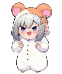  &gt;:) 1girl :3 @_@ amane_kanata animal_ears animal_hood bangs blush chibi commentary fake_animal_ears hair_ornament highres hololive hood looking_at_viewer mikan_(chipstar182) onesie open_mouth purple_eyes short_hair silver_hair simple_background smile solo sweatdrop virtual_youtuber white_background 