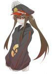  1girl alternate_costume alternate_hairstyle black_hoodie cowboy_shot expressionless family_crest fate/grand_order fate_(series) hair_between_eyes hat highres hood hoodie long_sleeves looking_at_viewer military_hat nakazaki_nozomu oda_nobunaga_(fate) oda_uri ponytail red_eyes sidelocks solo 