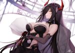  1girl azur_lane bare_shoulders black_dress black_gloves black_hair black_veil bouquet breasts bridal_veil cleavage dress elbow_gloves friedrich_der_grosse_(azur_lane) friedrich_der_grosse_(zeremonie_of_the_cradle)_(azur_lane) from_below gloves hair_over_one_eye highres holding holding_bouquet horns large_breasts long_hair looking_at_viewer mechanical_horns official_alternate_costume oregano_(olgn_eao) red_horns solo veil very_long_hair wedding_dress yellow_eyes 