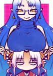  2girls blank_eyes blue_hair border breast_envy breast_rest breasts breasts_on_head closed_mouth commentary_request curtained_hair drill_hair earrings glasses goki_(voicevox) grid_background hair_ribbon half-closed_eyes highres holding holding_ribbon huge_breasts jewelry jitome kuron_(uhhr2odhrppc5nw) long_hair looking_at_another looking_down multiple_girls no_mouth orange_ribbon outside_border pink_background pink_hair pointy_ears red_sailor_collar ribbon sailor_collar sleeveless sleeveless_sweater smile straight-on sweater tsuina-chan turtleneck turtleneck_sweater twin_drills very_long_hair voiceroid voicevox white_border yellow_eyes 