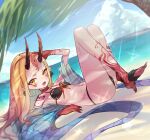  1girl armpits bare_shoulders barefoot beach bikini black_bikini blonde_hair blush breasts earrings facial_mark fate/grand_order fate_(series) forehead_mark highres horns ibaraki_douji_(fate) ibaraki_douji_(swimsuit_lancer)_(fate) jewelry long_hair looking_at_viewer navel oni oni_horns open_mouth outdoors palm_tree pointy_ears shawl solo ssangbong-llama swimsuit tattoo tree upper_teeth yellow_eyes 