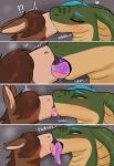 &lt;3 anthro blue_hair blush bodily_fluids brown_hair cobra equid equine female french_kissing green_body hair hair_over_eyes hi_res kissing male male/female mammal reptile saliva scalie sijimmy456 snake tongue tongue_out