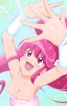 1girl :d aino_megumi armpits arms_up blush breasts cleavage collarbone cure_lovely dress earrings floating_hair fuchi_(nightmare) happinesscharge_precure! highres jewelry long_hair medium_breasts pink_dress precure red_eyes red_hair short_dress smile solo strapless strapless_dress tube_dress 