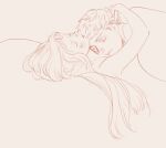  1boy 1girl blush closed_eyes closed_mouth commentary couple cuddling dungeon_meshi english_commentary eyelashes from_side hetero hug laios_thorden long_hair lying lying_on_person mabsosa6 marcille_donato monochrome on_back on_bed short_hair simple_background 