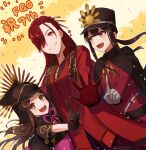  1boy 2girls belt black_hair brown_eyes brown_hair chacha_(fate) family_crest fate/grand_order fate_(series) formal gloves grin hair_over_one_eye hat highres long_sleeves looking_at_another looking_at_viewer low_ponytail multiple_girls oda_nobukatsu_(fate) oda_nobunaga_(fate) oda_nobunaga_(maou_avenger)_(fate) oda_uri open_hand open_mouth otoko_no_ko pointing pointing_up red_eyes red_gloves red_hair shako_cap sidelocks smile teeth upper_body upper_teeth_only white_gloves yzrh0 