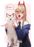  +_+ 1girl animal bangs black_neckwear blonde_hair blue_jacket blush cat chainsaw_man collared_shirt colored_inner_hair commentary demon_horns fingernails hair_between_eyes highres holding holding_animal holding_cat horns jacket long_hair long_sleeves looking_at_viewer multicolored_hair necktie nyan off_shoulder open_mouth pink_hair power_(chainsaw_man) sharp_teeth shirt solo teeth tunamayo_(dsasd751) two-tone_background upper_body white_shirt yellow_eyes 